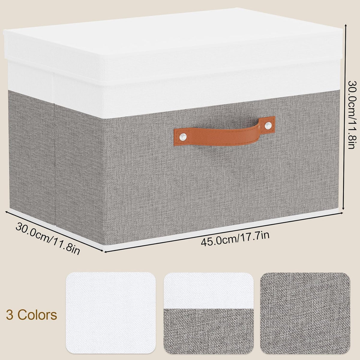Fabric Storage Boxes with Lids, Linen Foldable Cloth Baskets, 17.7 x 11.8 x 11.8 Inch Closet Organizer Containers with Double Handles, Sweater Bins for Bedroom, White and Grey, 1 Pack