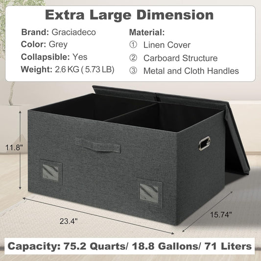 75 Quarts Extra Large Decorative Storage Bins with Lids, 3 Packs Dark Gray Collapsible Storage Bins with Lids, Stackable Storage Bins Decorative Box Storage With Lid Extra Large