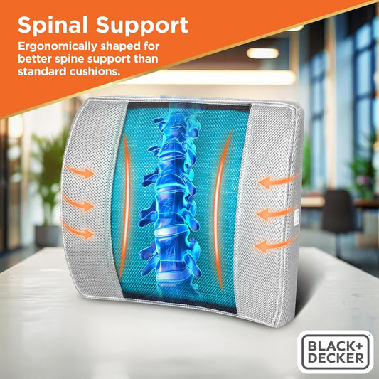 BLACK+DECKER Cooling Gel Lumbar Memory Foam Cushion – Ergonomic Back Support Travel Pillow with Ventilated Mesh, Adjustable Strap, Slow Rebound Memory Foam, Washable Cover