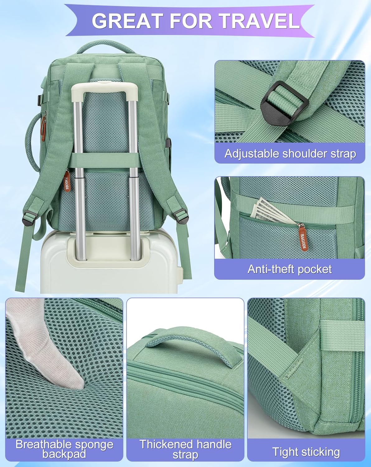 42L Travel Laptop Backpack, Expandable Carry-on Luggage, Anti-Theft Business Weekender Bag with USB Port, 3 Packing Cubes & Shoe Bag (Green)