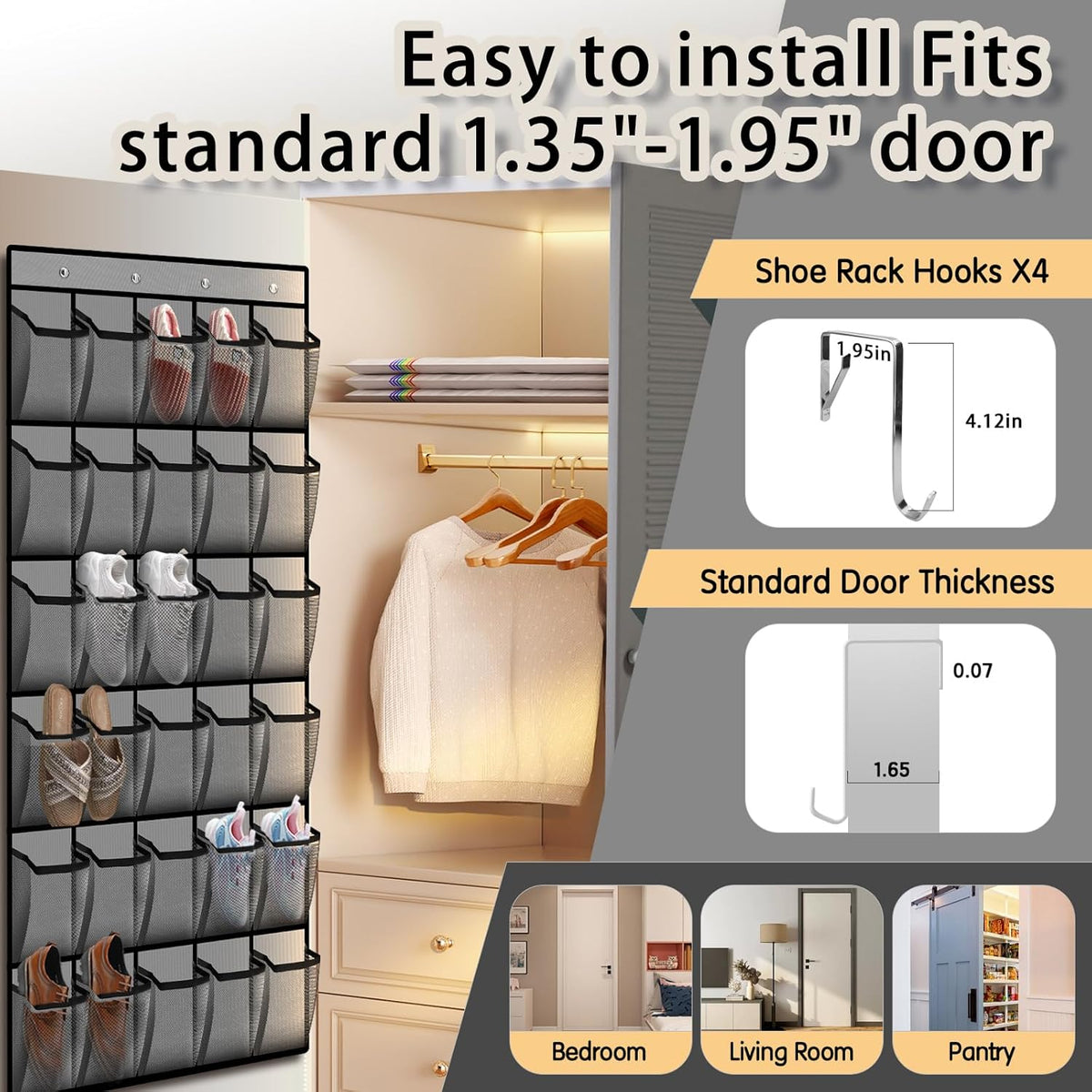 Over the Door Shoe Organizer with 30 Breathable Mesh Pockets - Large Capacity Closet Storage for Men & Women, Hanging Shoe Rack Organizer -Gray