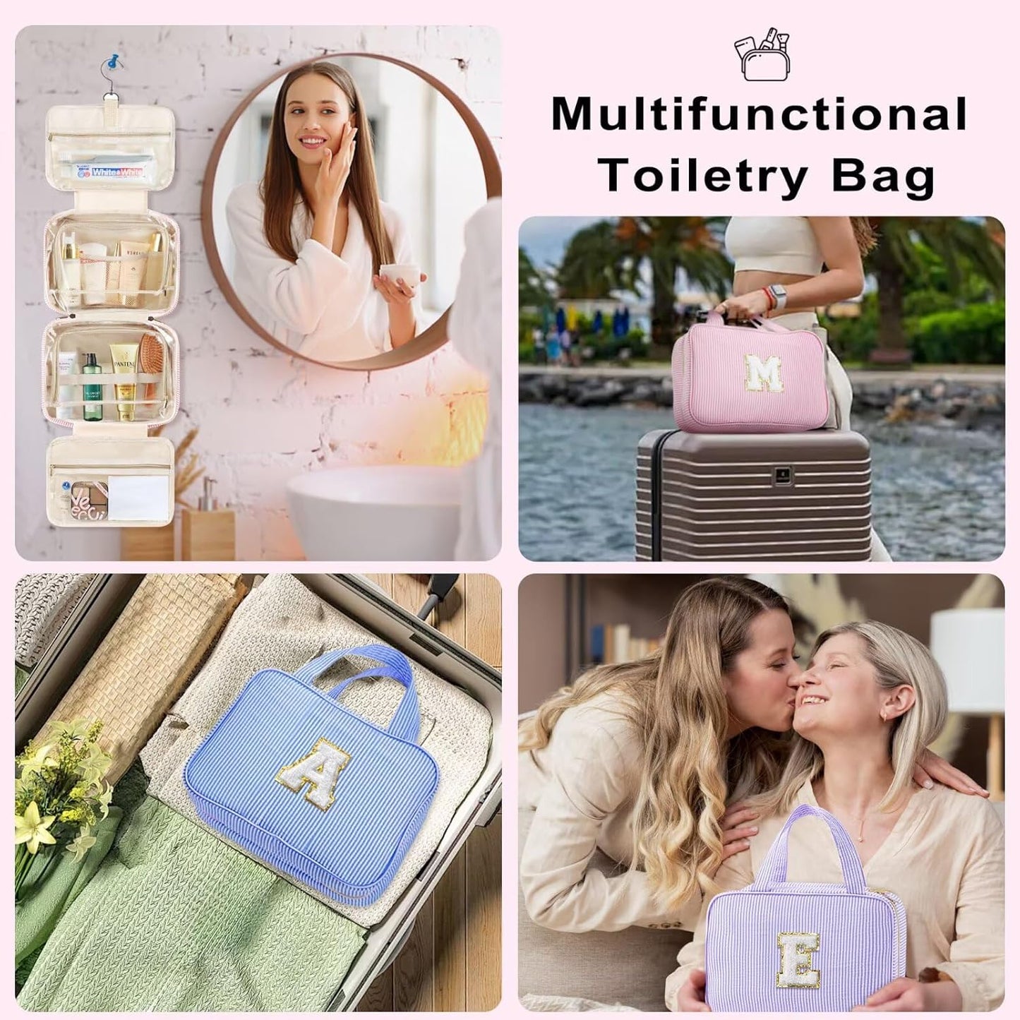 TOPEAST Travel Toiletry Bag for Women - Hanging Toiletry Bag Makeup Bag, Portable Toiletries Cosmetic Bag, Airplane Travel Essentials - Letter I, Blue