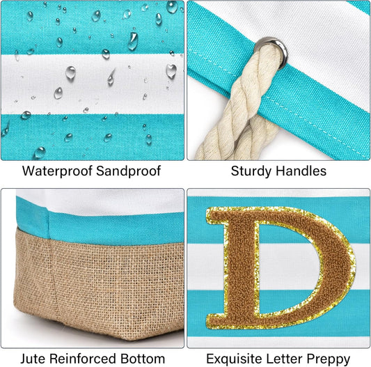 Becokan Beach Bag Initial Beach Tote with Makeup Bag for Travel Work Storage Personalized Birthday Gifts for Women Her