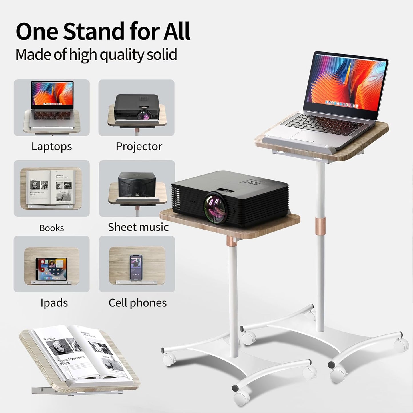 NAMON Laptop Floor Stand with Wheels - 2 in 1 Dual-use Floor & Desk, Adjustable Height from 16.5" to 51", Perfect for Home, Office, Meeting Room, Study (White Ash Effect)