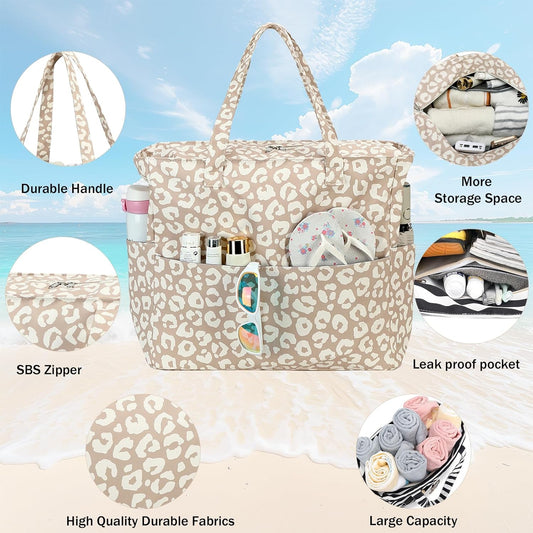 LEDAOU Beach Bag Waterproof Sandproof Women Tote Bag Pool Bag with Zipper for Gym Grocery Travel with Wet Pocket