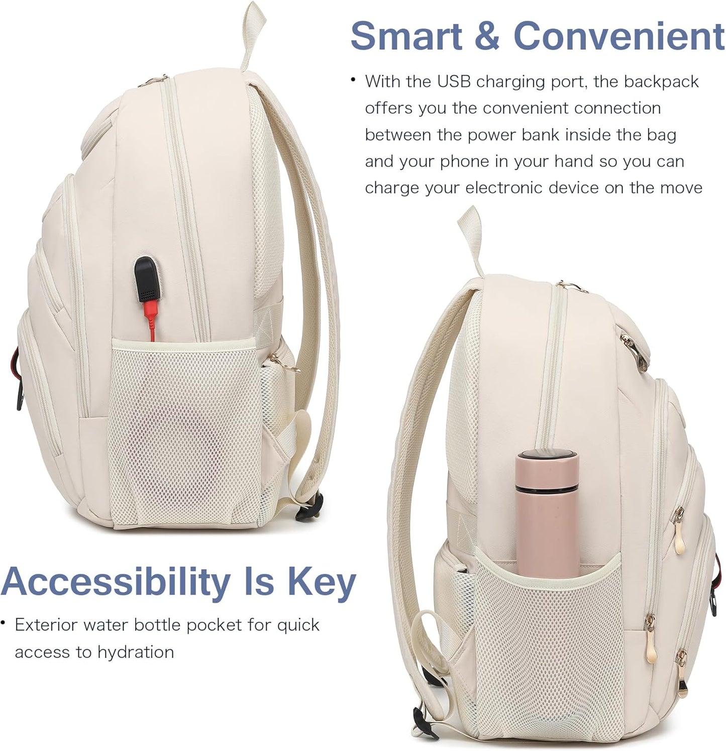 Boavan Laptop Backpack for women,15.6 inch Laptop Bag with USB Port, Waterproof Travel Work Backpack Purse, Anti-Theft Teacher Nurse Doctor Casual Bookbags Office Business backpack,Cream Beige