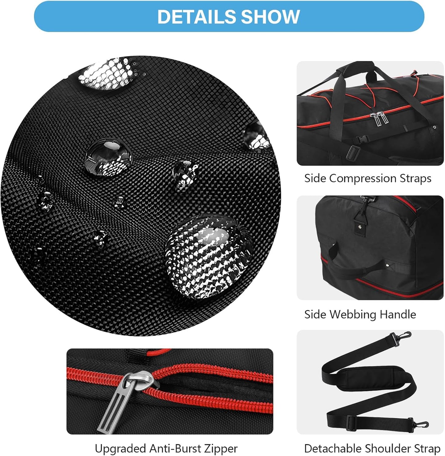 Vomgomfom Wheeled Collapsible Duffel Bag,110L-140L Expandable Checked Luggage, No-Telescopic-Handle with Anti-Burst Zipper & Reinforced Frame,Black-red