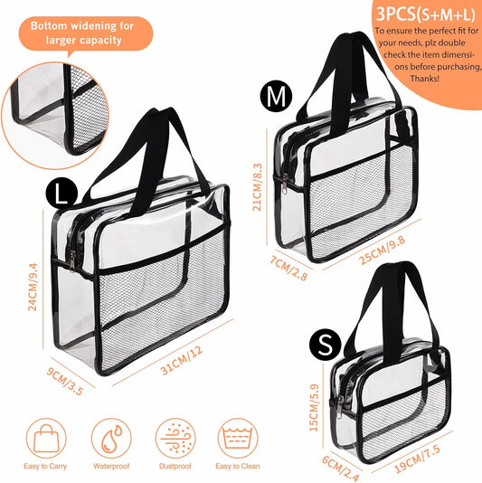 XEWEA Large Small Clear Travel Toiletry Bags with Handles & Pocket for Men Women, 3PCS TSA Approved Transparent Makeup Bag,Waterproof PVC Quart Organizer with Zipper for Toiletries Airline Essentials