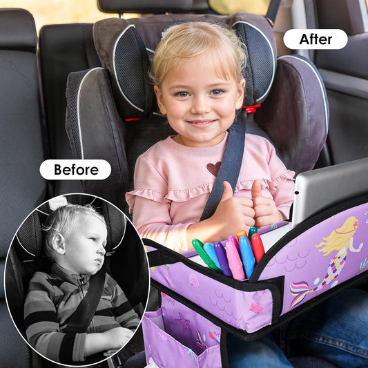 Kids Travel Tray for Airplane - Toddler Car Seat Table Tray, Road Trip Essentials for Boys & Girls, Carseat Lap Desk for Kids Road Trip Activities (Purple Mermaid)