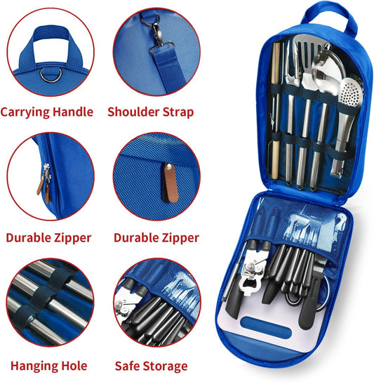 Portable Camping Kitchen Utensil Set-27 Piece Cookware Kit, Stainless Steel Outdoor Cooking and Grilling Utensil Organizer Travel Set Perfect for Travel, Picnics, RVs, Camping, BBQs, Parties and More