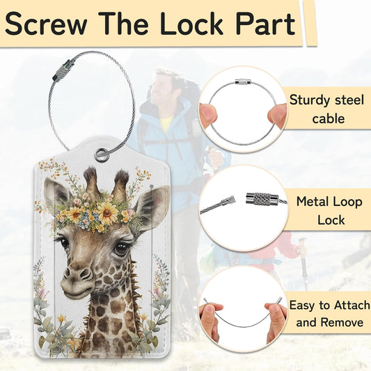 Cute Giraffe Luggage Tags for Suitcase,3 Pack Funny Luggage Tag Leather Privacy Cover ID Label with Stainless Steel Loop for Women Men