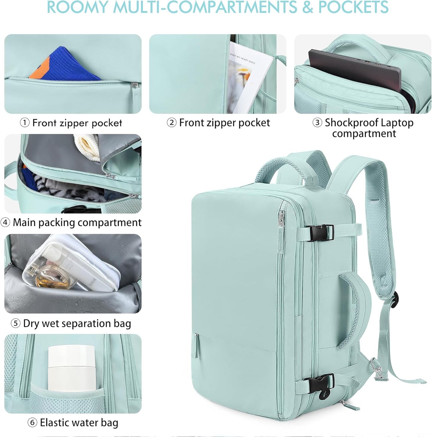 Beraliy Large Travel Backpack for Women Airline Approved, Carry On Backpack, 17 Inch Laptop Backpack, Personal Item Bag Casual Daypack Backpacks, Mint Green