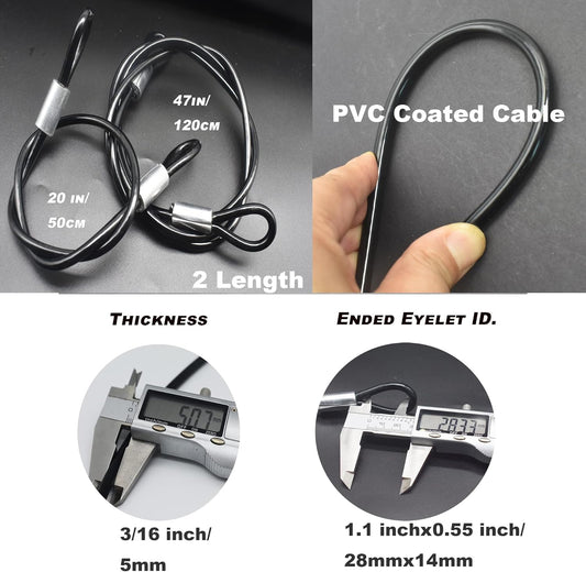 4 pcs 47 inch (120cm) 5mm Thickness Vinyl Cover Coated Galvanized Steel Wire Cable with Loops Security Lanyard Rope Tether Lock, Black