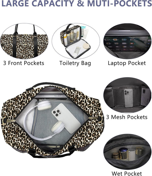 Women Duffle Weekender Travel Bag: Large Duffel Bags with Shoe Compartment Carry On Overnight Tote Bag with Wet Pocket Toiletry Bag Traveling Weekend Gym Yoga Hospital Bags for Womens Brown Leopard