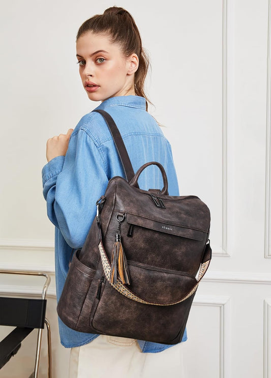 Shrrie Vegan Leather Laptop Backpack for Women 15.6 inch Work Backpack Fashion Travel Backpack Purse for Travel College Work