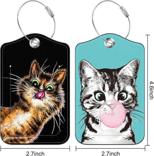 2 PCS Leather Luggage Tags for Suitcase Cute Cat Travel Luggage Tag with Privacy Flap Name ID Label and Metal Loop for Travel Bag Suitcase