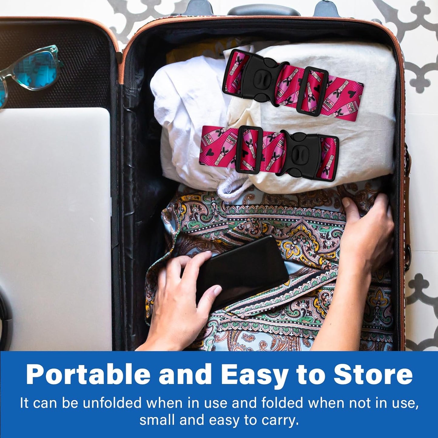 2 Pack Luggage Straps for Suitcases, Adjustable Travel Belt with Double Lock and Quick Release Buckle, Heavy Duty Nylon Bag Packing Strap, Bright Identifiers Business Travel Accessories-Pink Bottles