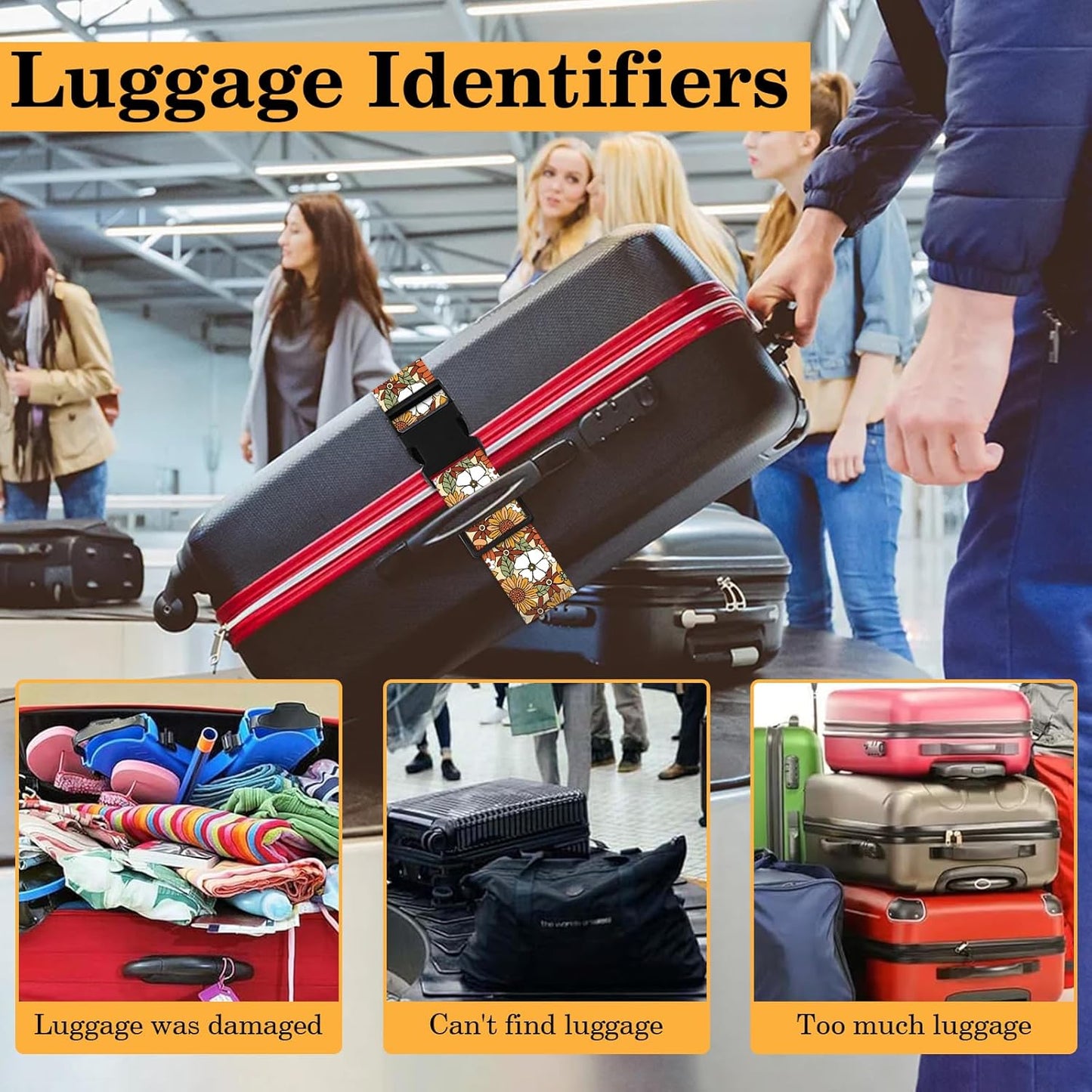 Yellow Daisy Luggage Straps for Suitcases TSA Approved, Luggage Identifiers for Suitcase, Adjustable Suitcase Strap for Baggage Security with Cute Patten, Travel Necessary Accessories (2Pack)