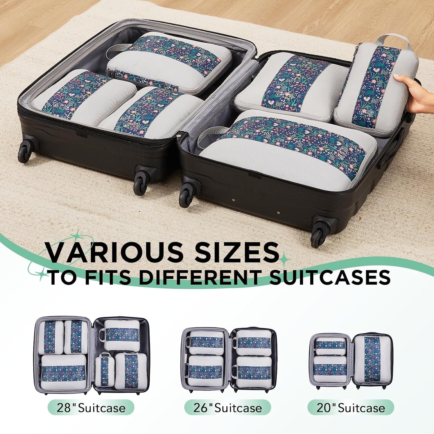 6 Set Compression Packing Cubes for Travel Essentials,Compressible Expandable Packing Cubes for Suitcase,OlarHike Luggage Organizer Bags for Travel(Dark Blue Floral)