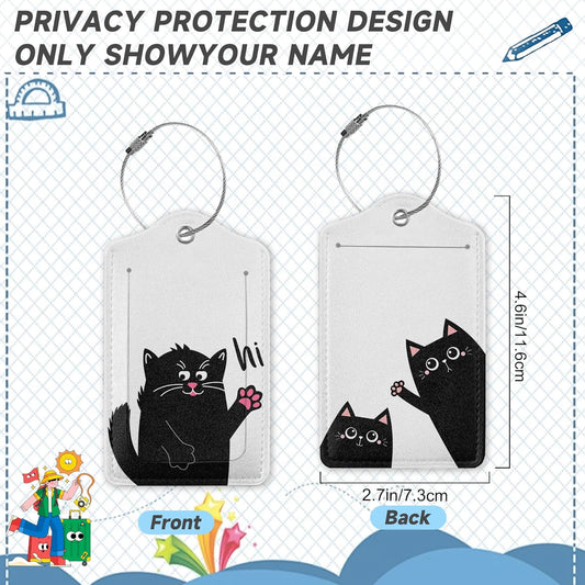 2 Pack Luggage Tag for Suitcase, Funny Black Cat Leather Bag Tags Identifiers Privacy Cover ID Label with Durable Steel Loop for Women Men Kids Girls Travel