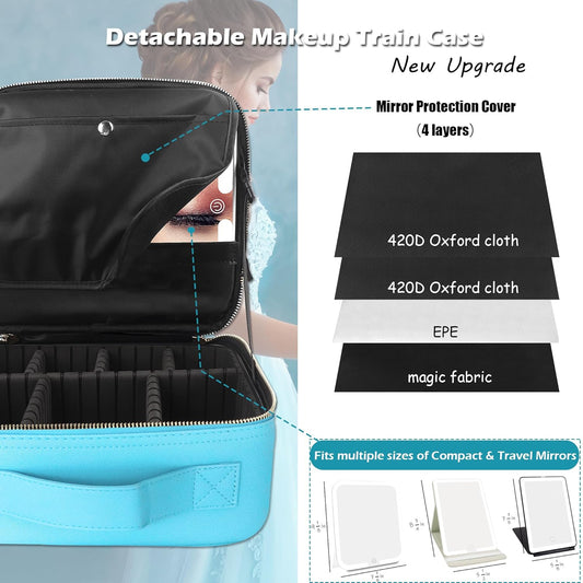 MOMIRA Travel Makeup Bag Cosmetic Bag with Lighted Mirror, Adjustable Brightness in 3 Color Scenarios, Waterproof, 10x Magnifying Mirror, Rotatable Independent Light Mirror- Diamond Blue(Solid)