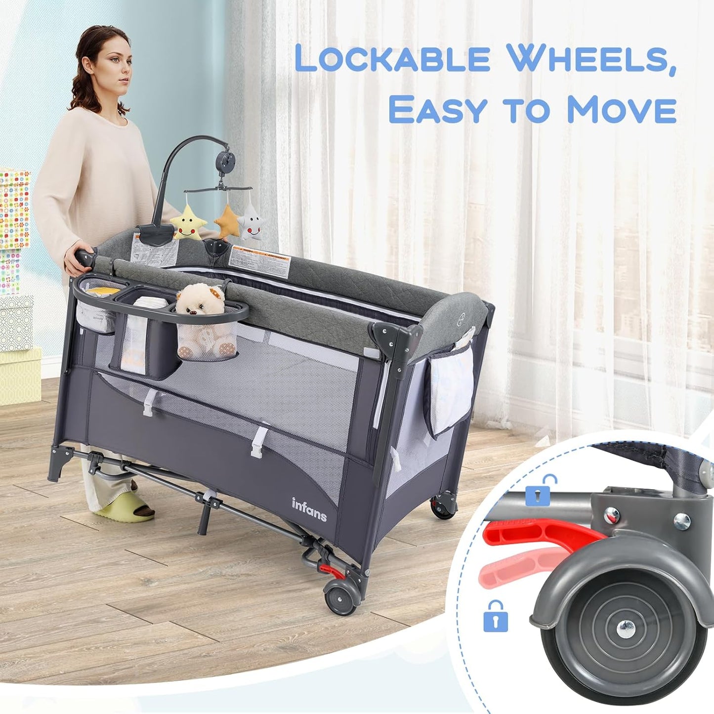 INFANS Pack and Play, 5 in 1 Baby Bedside Sleeper with Bassinet, Diaper Changer, Mattress, Carry Bag, Music Box Hanging Toys, Foldable Bedside Crib, Portable Playard for Newborn Toddlers (Classic)