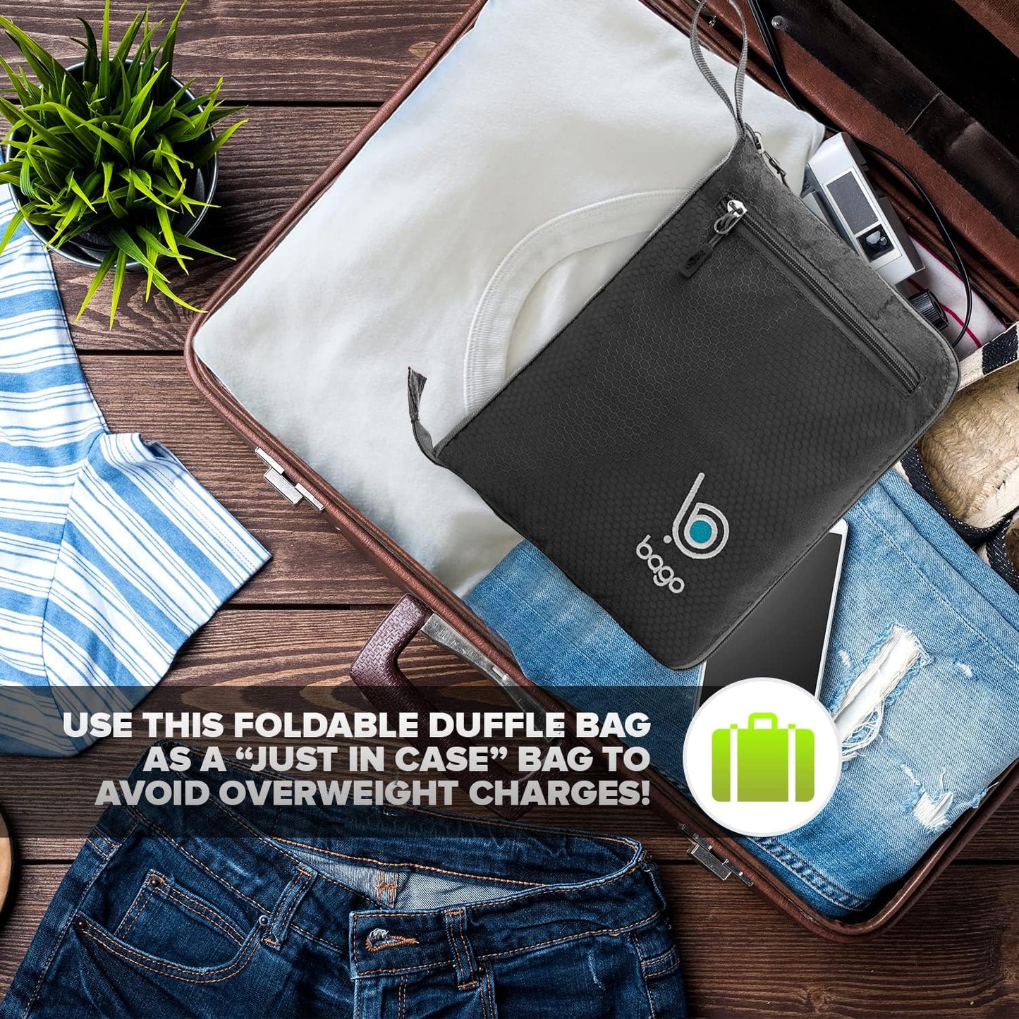 Bago Foldable Duffel Bags for Traveling Women & Men - 60L Medium Packable Duffle Bag for Travel with Shoe Compartment - Water Repellant, Heavy Duty, Lightweight Folding & Collapsible (Black)