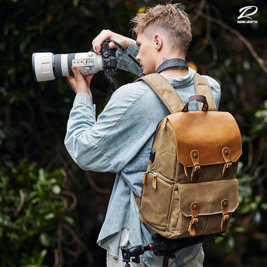 Padwa Lifestyle Khaki Camera Backpack - Weather Resistant Waxed Memory Canvas Camera Backpacks for Photographers,Multi DSLR SLR Camera Bag with 16” Laptop & Lens Compartment and Tripod Holder