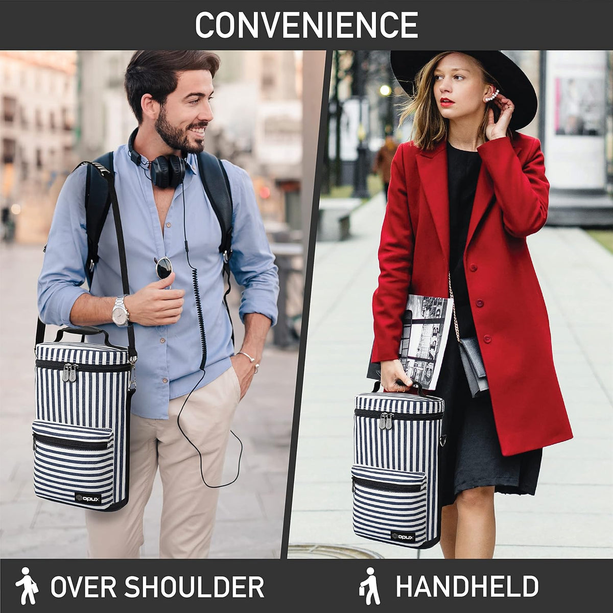 opux Wine Bag 2 Bottle Wine Tote Carrier, Insulated Wine Cooler Bag for Travel Picnic, Leakproof Portable Padded Case, Wine Gifts For Women Men Wine Lovers Christmas, Navy White Stripes
