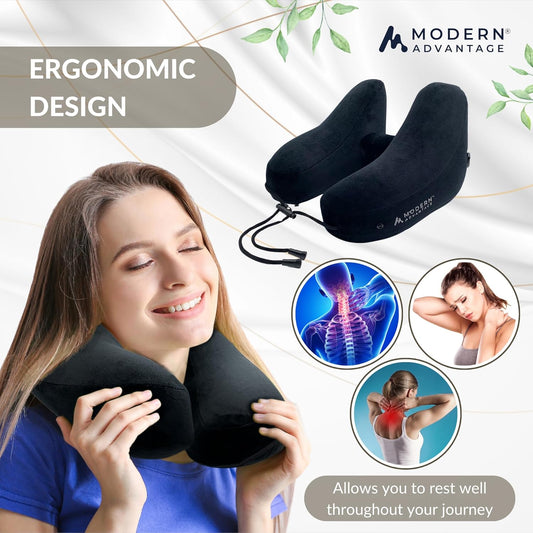 Modern Advantage Inflatable Travel Pillow for Airplanes – Hooded Neck Pillow with Adjustable Support – Comfortable, Compact & Travel-Friendly – Perfect for Sleeping on Long Flights (Black)