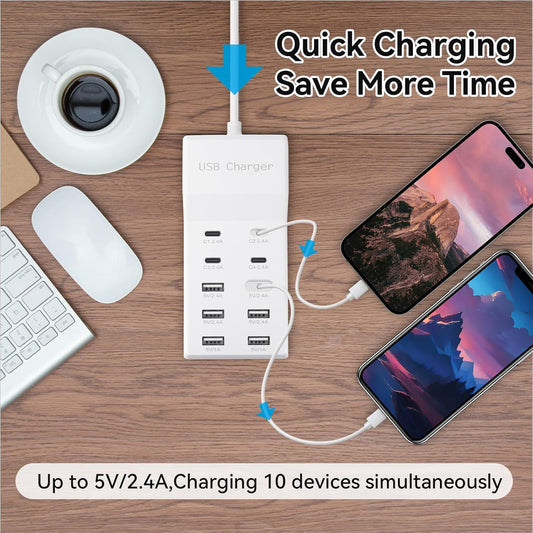 USB Charging Station, 10 Ports Family-Sized USB C Charger Block,USB Power Strip for Smart Phone Tablet Laptop Computer(2 Pcs)