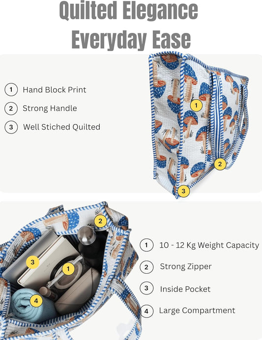Cotton Quilted Tote Bag for Women – Large Beach & Travel Tote with Zipper, Reusable Grocery Bag