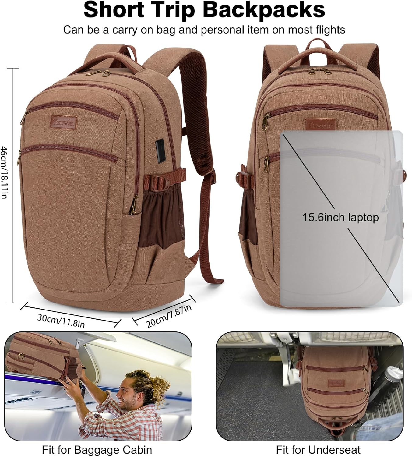 Tzowla Vintage Canvas Laptop Backpack for Men and Women,College Travel Work Rucksack with USB/Type-C Charging Port,Lightweight Bookbag Hiking Casual Daypack Backpacks Fit 15.6 Inch Notebook(Brown)