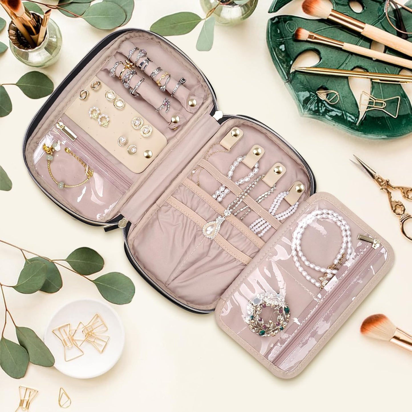 Jewelry Travel Case Organizer for Necklaces, Earrings, Rings, Bracelet, Watch, Soft Sided, Black