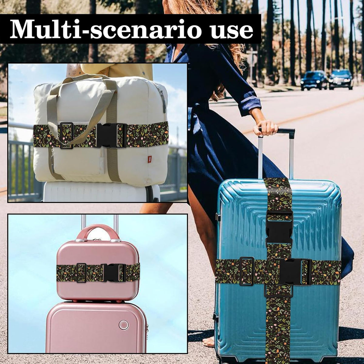 Wildflower Luggage Straps for Suitcases TSA Approved, Luggage Identifiers for Suitcase, Adjustable Suitcase Strap for Baggage Security with Cute Patten, Travel Necessary Accessories