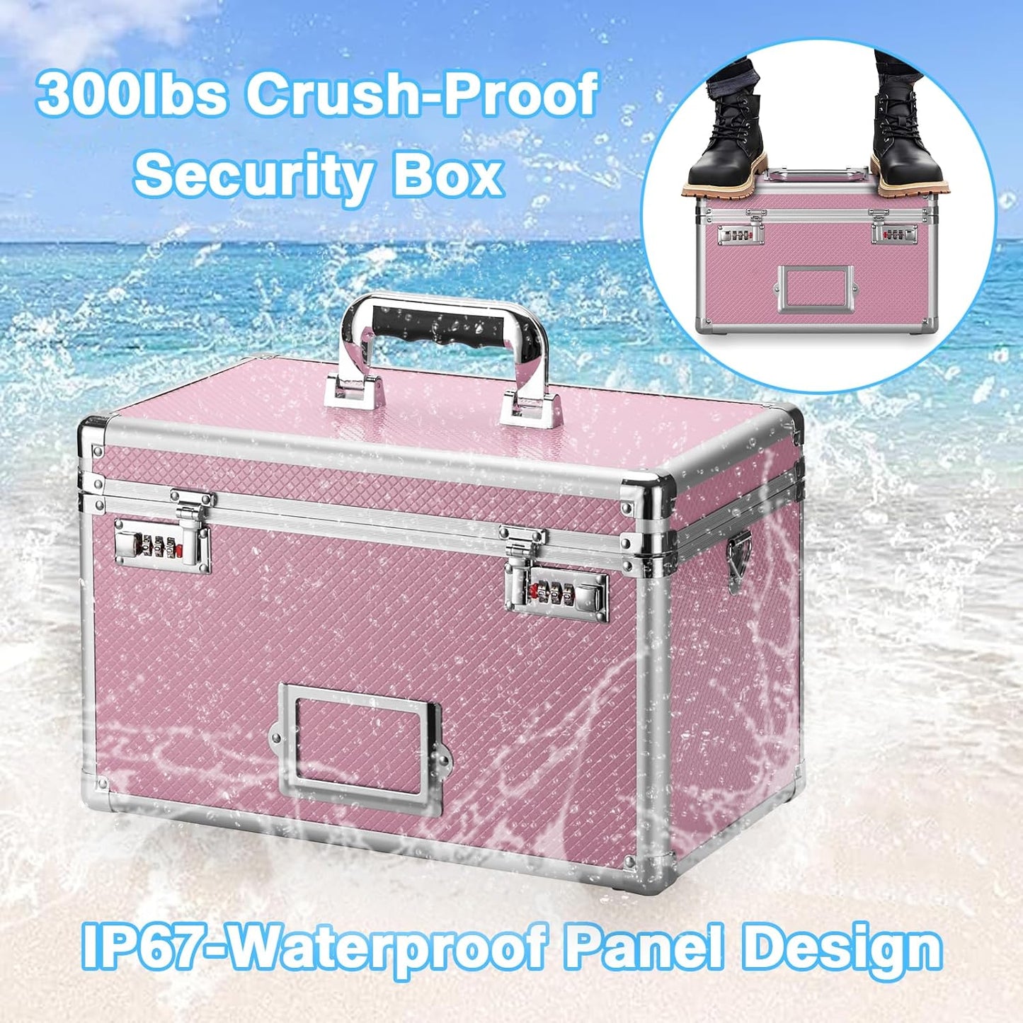 11 x 7 x 8.3 Inch Lockable Storage Box with Combination Lock, Portable Safe for Documents, Medicine, Cash & Valuables, Medicine Lock Box with Label Slot for Home, Office & Travel - Pink