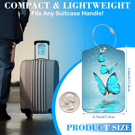 Blue Butterfly Luggage Tags for Suitcases Leather Travel Tags for Luggage ID Label with Privacy Cover and Stainless Steel Loop for Men Women Suitcase Backpack, Set of 2