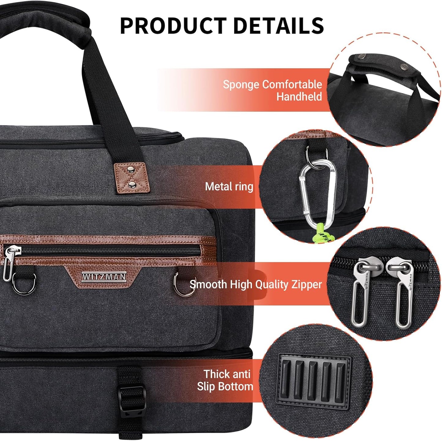 WITZMAN Canvas Weekender Bag Mens Overnight Bag for Traveling Carry on Duffle Bags with Shoes Compartment(A8010 Black)