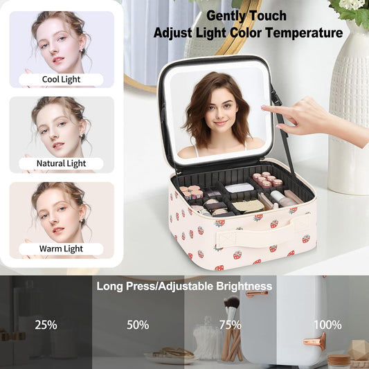 Makeup Bag With LED Mirror, Travel Makeup Case with Light up Mirror Fashion Cute Cosmetic Bag with 3 Color Lighted Portable Organizer Case with Adjustable Dividers (Strawberry/Beige,Small)