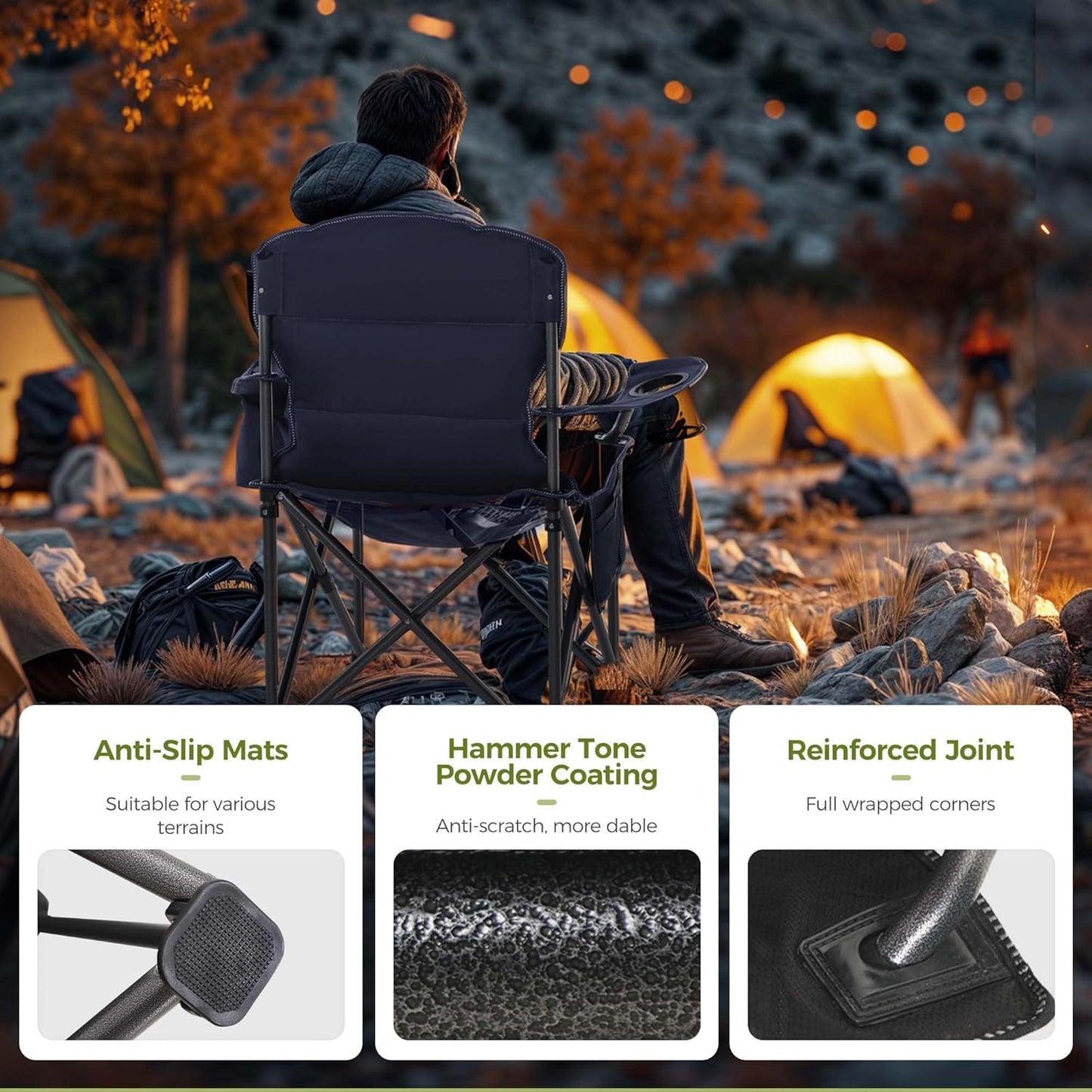 ALPHA CAMP Oversized Camping Chair Heavy Duty Lawn Chair with Cooler Bag Support 450 LBS Steel Frame Collapsible Padded Arm Quad Lumbar Back Folding Chair for Lawn Outdoor