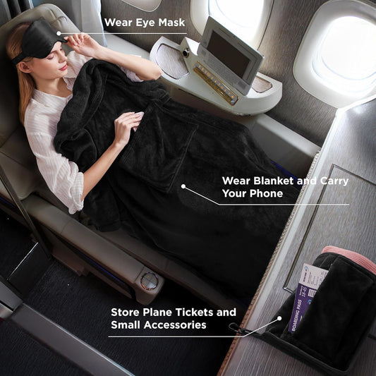 Bedsure Travel Blanket Airplane Compact with Storage Bag, Packable Blanket with Eye Mask, Lightweight 2-in-1 Travel Essentials, Functioned as Pillow for Airplane Comfort and Warmth, Black