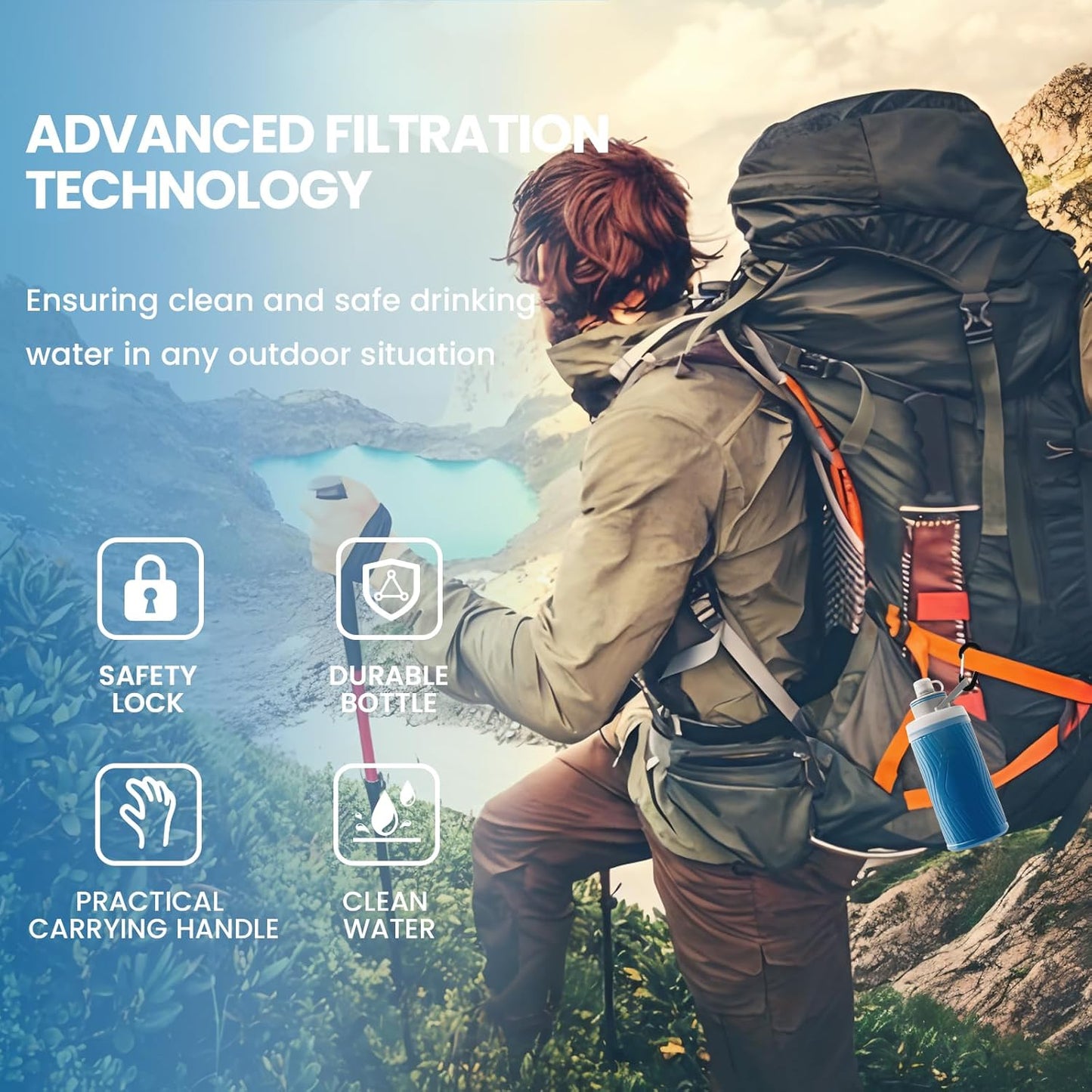 Collapsible Water Bottle with Filter for Travel,Portable Water Filter Camping,Water Purifier Bottle for Camping Hiking Cycling Outdoor Sports,Mountain Blue