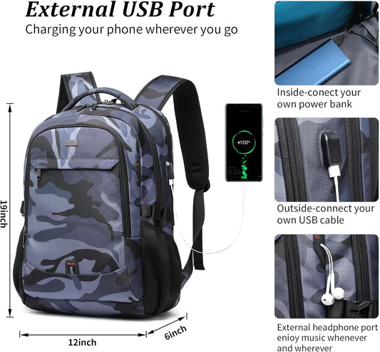 DUSLANG 17 Inch Travel Laptop Backpack Water Resistant Hiking Backpack for Men Laptop Bag with USB Charging Port,Camouflage green