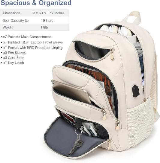 Boavan Laptop Backpack for women,15.6 inch Laptop Bag with USB Port, Waterproof Travel Work Backpack Purse, Anti-Theft Teacher Nurse Doctor Casual Bookbags Office Business backpack,Cream Beige