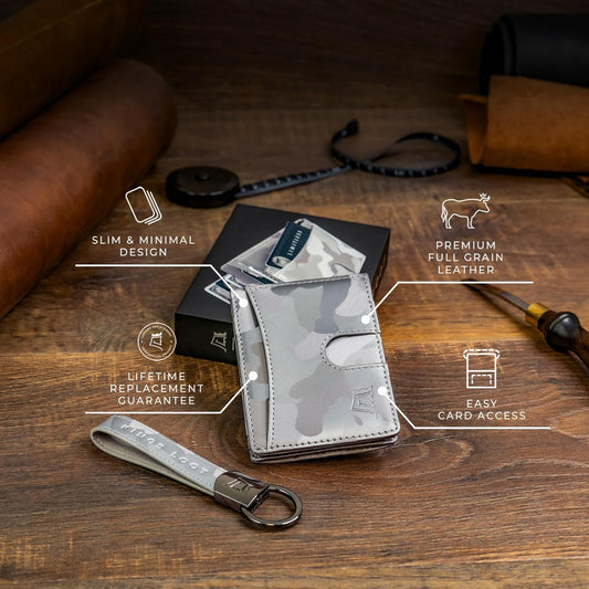 Kings Loot Money Clip Slim Minimalist Wallet for Men | RFID Blocking Leather Design with Money Clip | Front Pocket Bifold Holds 12 Cards | Stylish & Compact Wallets (Camo White)
