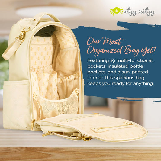 Itzy Ritzy Diaper Bag Backpack – Large Capacity Boss Plus Baby Backpack Diaper Bag Featuring 19 Pockets, Changing Pad, Stroller Clips, and Comfortable Straps (Milk & Honey)