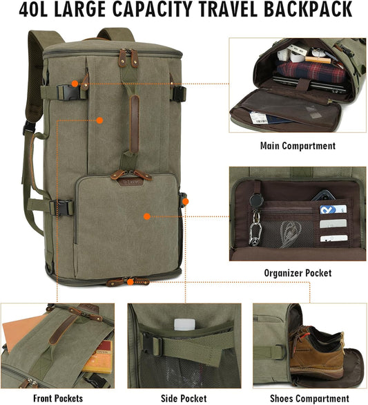G-FAVOR Travel Backpack for Men, 40L Flight Approved Carry On Backpack, Water Resistant Canvas Rucksack with 17.3" Laptop Sleeve, Convertible Duffel Bag for Airplane, Business & Travel