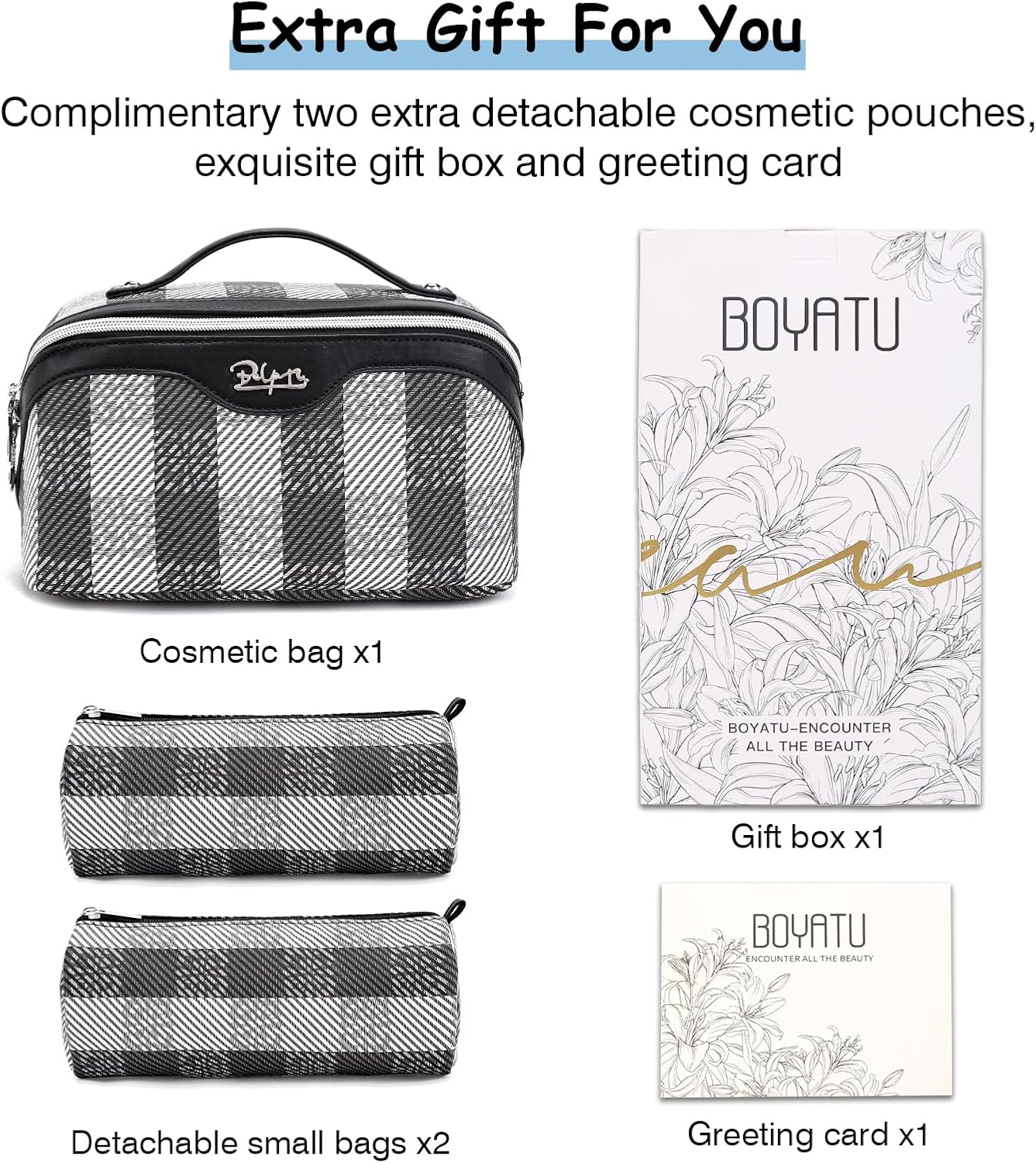 BOYATU Makeup Bag Travel Cosmetic Bag: 3 Pcs Set Portable Make up Bags for Women with Handle - Waterproof Vegan Leather Toiletry Organizer Bags with Comparments (F-01-Black)