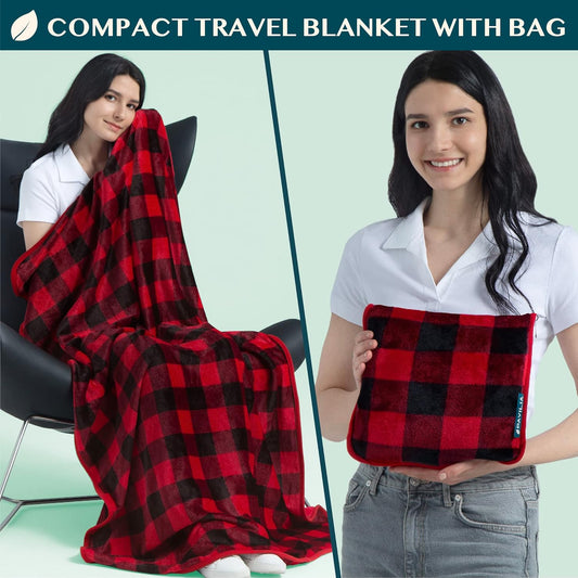 PAVILIA Travel Blanket Pillow, Soft Airplane Blanket 2-IN-1 Combo Set, Plane Blanket Compact Packable, Flight Essential Car Pillow, Travelers Gift Accessories Luggage Backpack Strap, 60x43 Checker Red