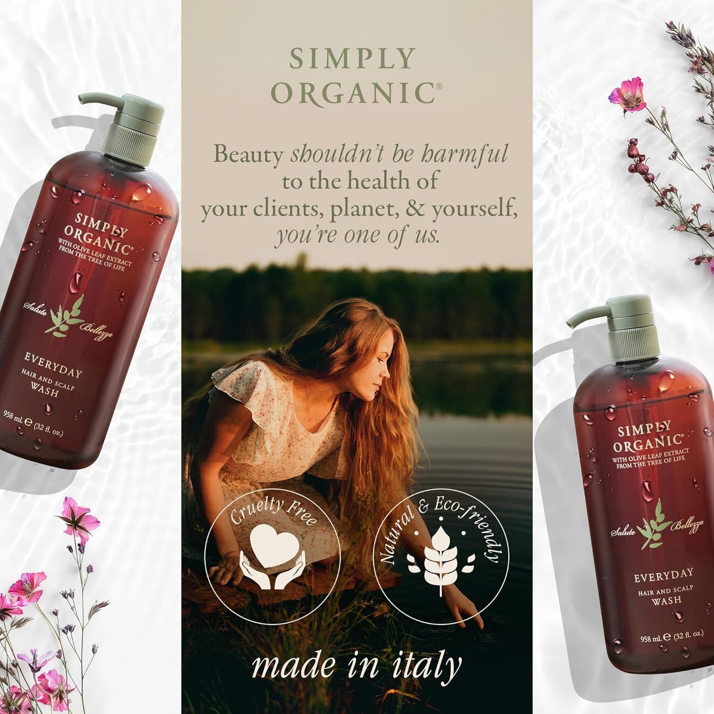 Hair & Scalp Wash Shampoo Made in Italy, All Natural Cruelty Free Hair Care for Women & Men with Organic Sage, Lime, Wildflowers & Olive Leaf Extract, 958ml/32floz, EVERYDAY